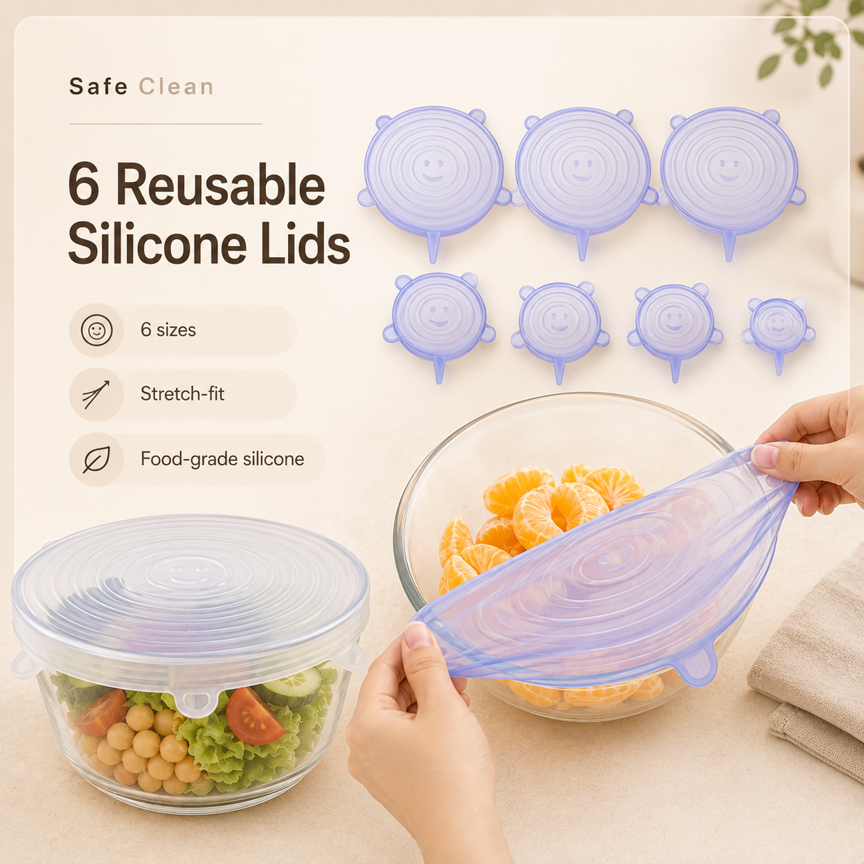 6Pcs Food Grade Silicone Preservation Cover Reusable Airtight Food Universal Dish Stretch Round Lids For Kitchen Accessories