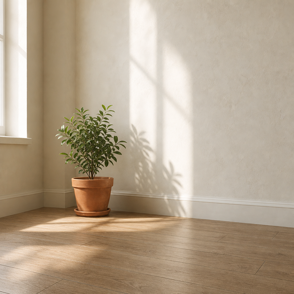 A clean, calm home corner with a potted plant